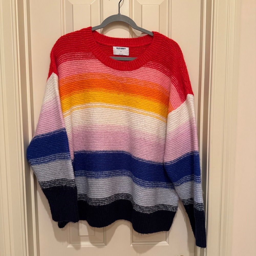 Womens 2X Multi Color Rainbow Striped Festive Craft Old Navy Sweater Cozy